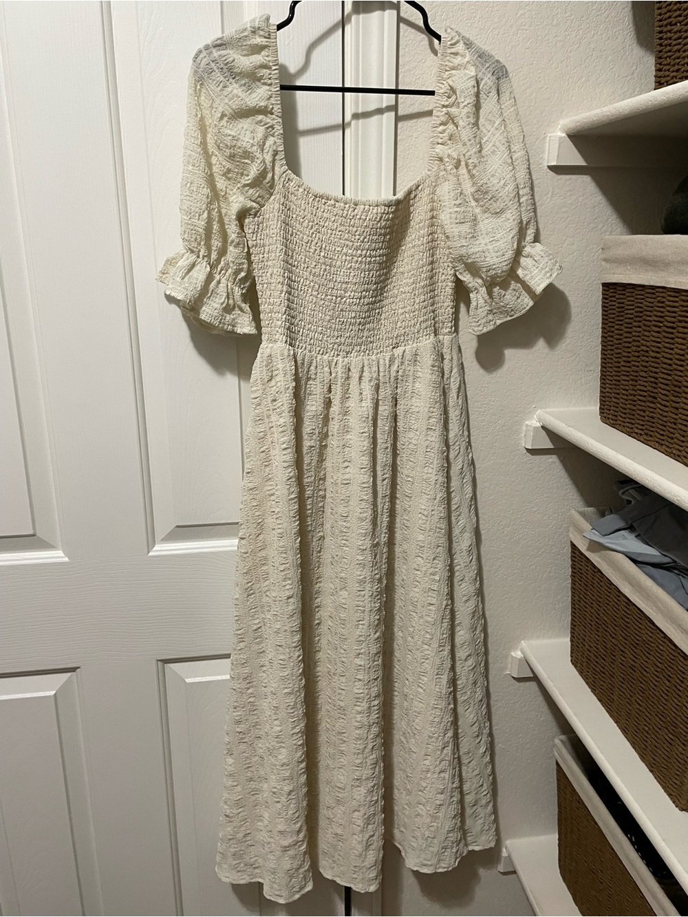 Altar’d State Cream Smocked Midi Dress with Puff Sleeves